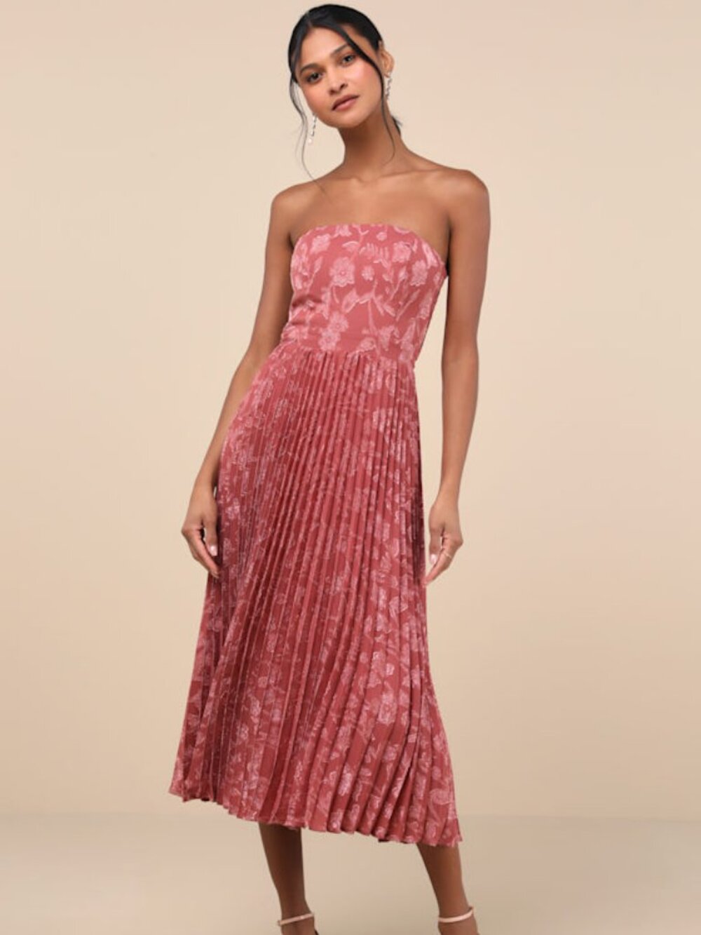 Lulus Perfectly Stunning Rusty Rose Jacquard Strapless Midi Dress Pink - Size XL